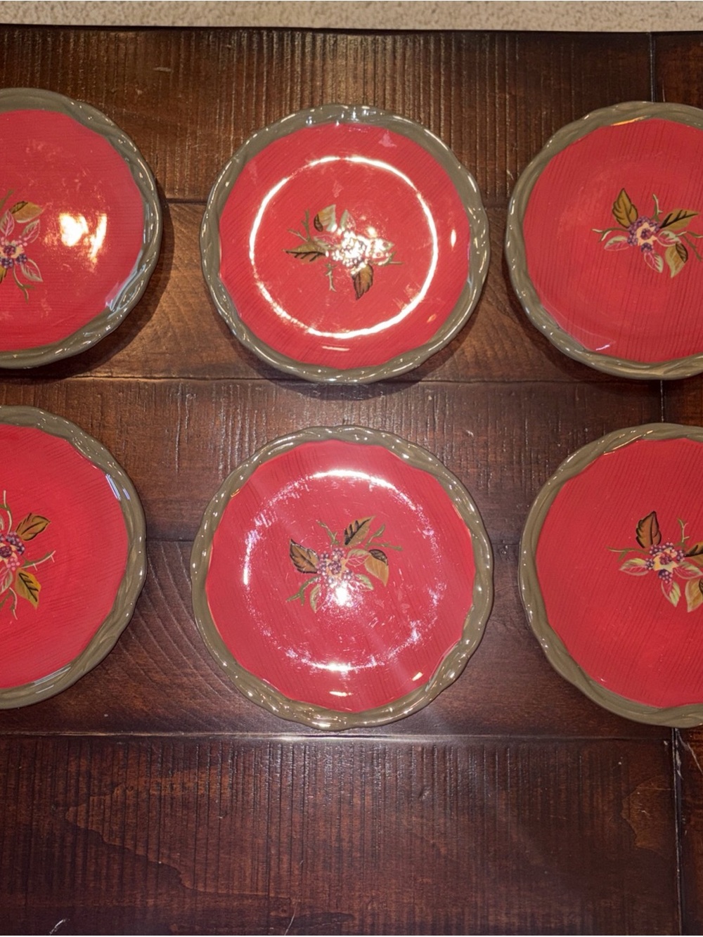 6 Tracy Porter Octavia Hill Garden 8" Salad Plates Fruit/Berries on Red EUC
